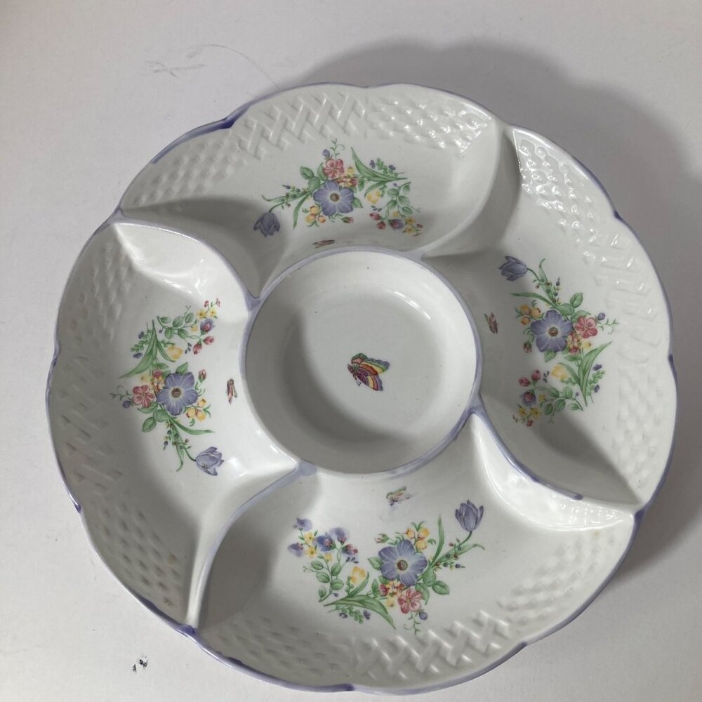 Vintage MCM Lilac‎ Whisper Divided Platter Floral Butterfly Weave 12.5 x 1.5"